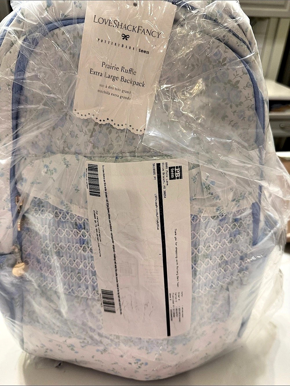 LoveShackFancy Prairie Ruffin Extra Large Backpack Floral Blue & White NWT
